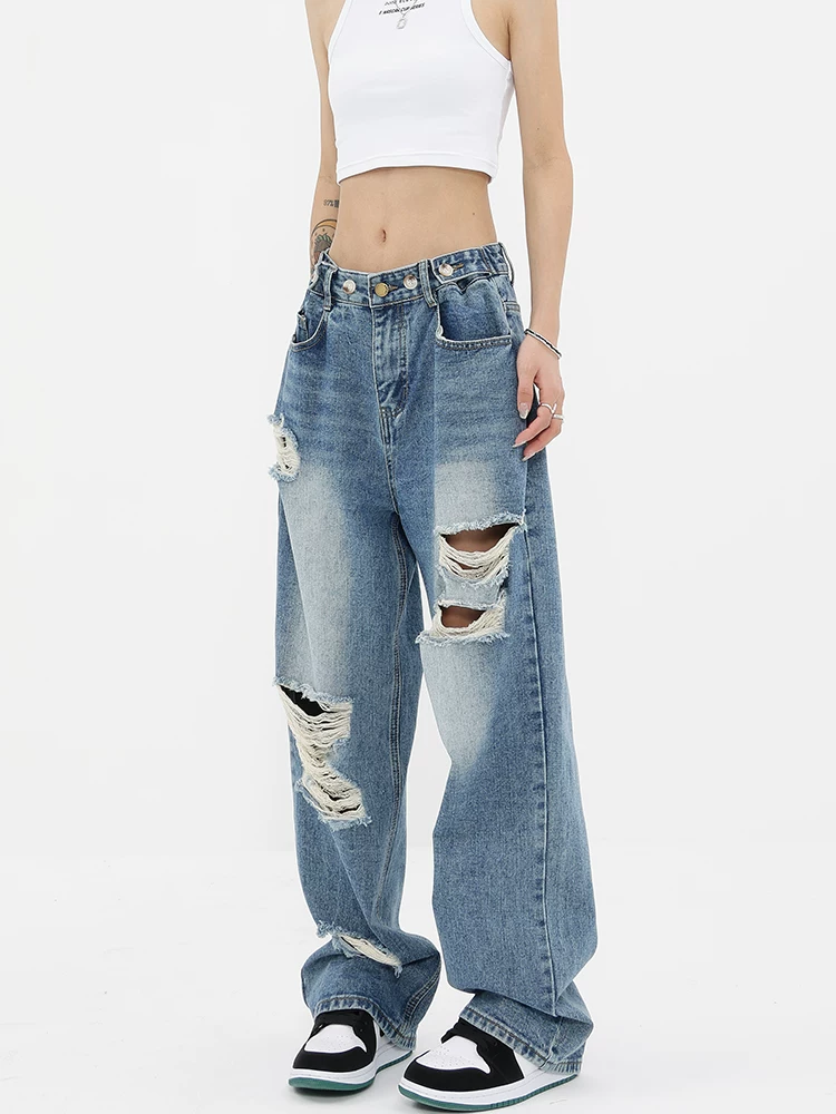 KEN STUDIO thiết kế theo phong cách mùa xuân hè quần jean rách màu gradient quần ống rộng dài đến sàn dành cho nữ