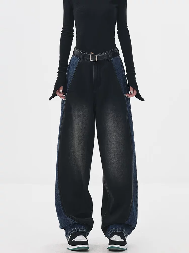 KEN STUDIO quần jean chắp vá màu sắc cổ điển mới mùa thu đông dành cho nữ, quần ống rộng cạp cao giúp thon gọn.