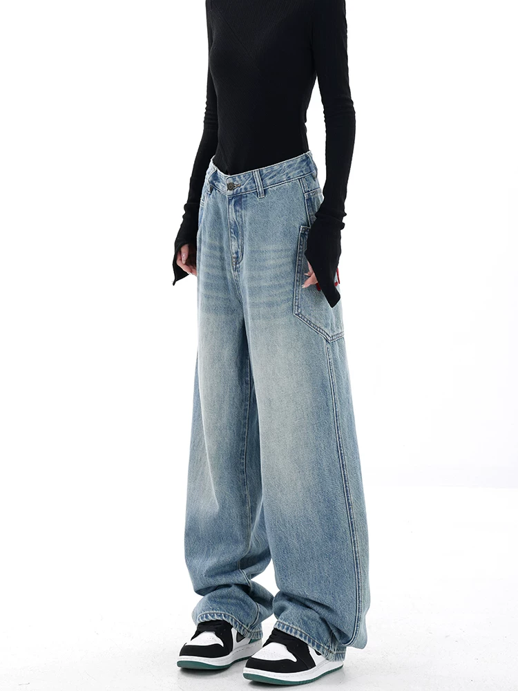 KEN STUDIO thiết kế độc đáo quần jean denim thêu thêu dành cho nữ có túi lớn, lưng cao, quần ống rộng cổ điển, quần ống thẳng