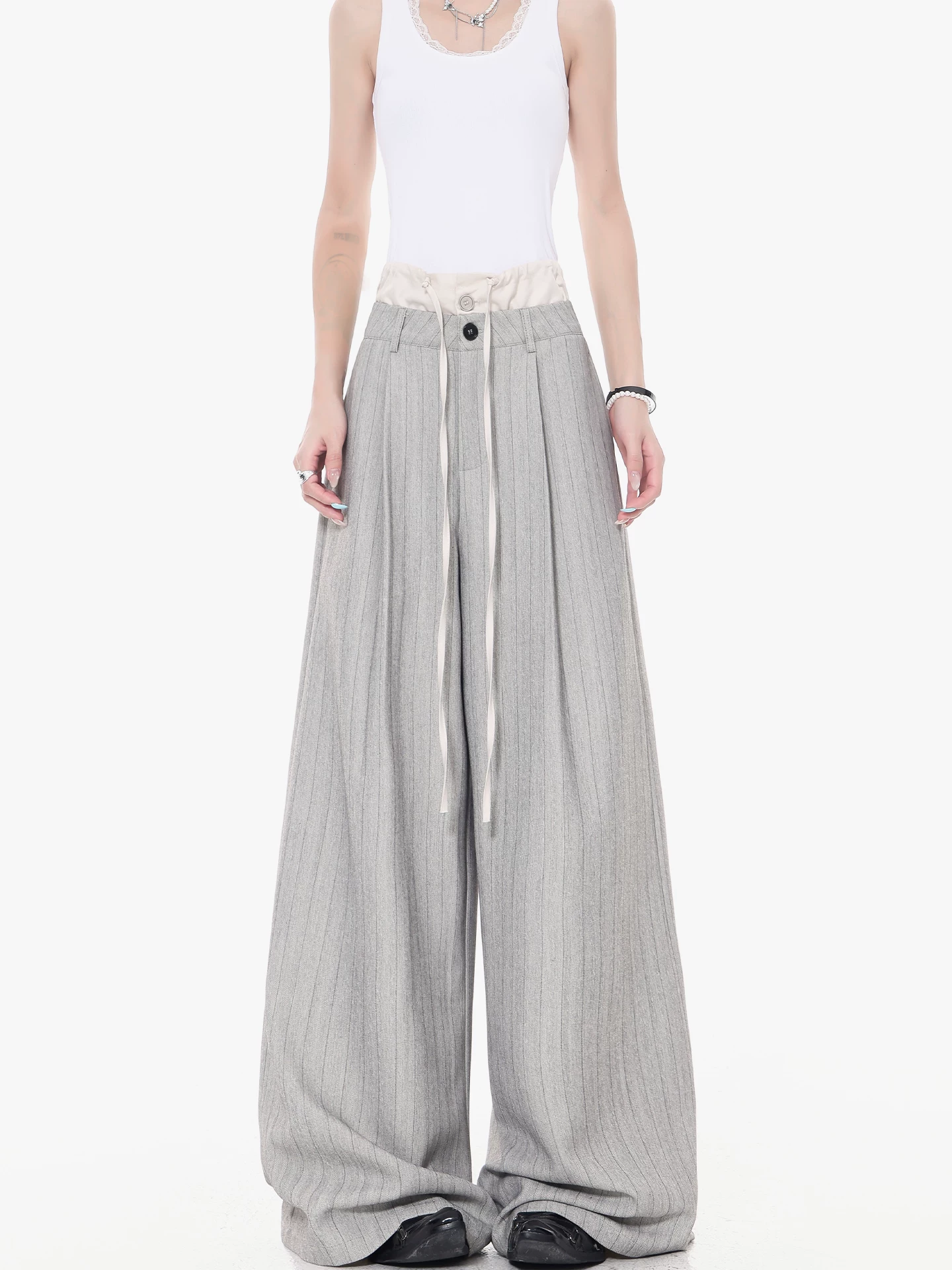 KEN STUDIO Quần tây sọc xám hai eo mới mùa thu dành cho nữ, quần ống rộng cao cấp, quần dài đến sàn