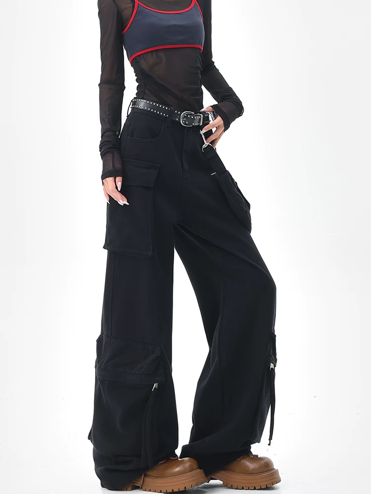 KEN STUDIO Quần jean công sở màu đen phong cách Mỹ dành cho nữ, quần ống rộng thẳng nhiều túi mùa hè mới