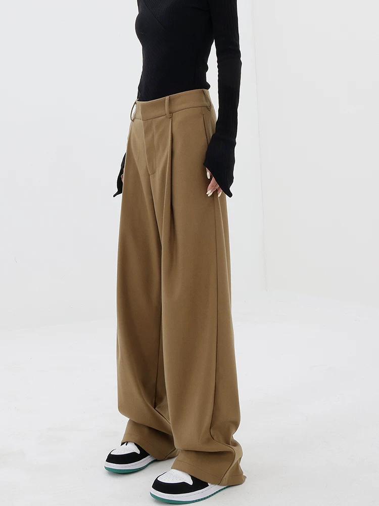 KEN STUDIO quần tây ống đứng màu kaki dày dặn mùa thu đông dành cho nữ, quần ống đứng drapey, quần thường ngày, quần công sở.