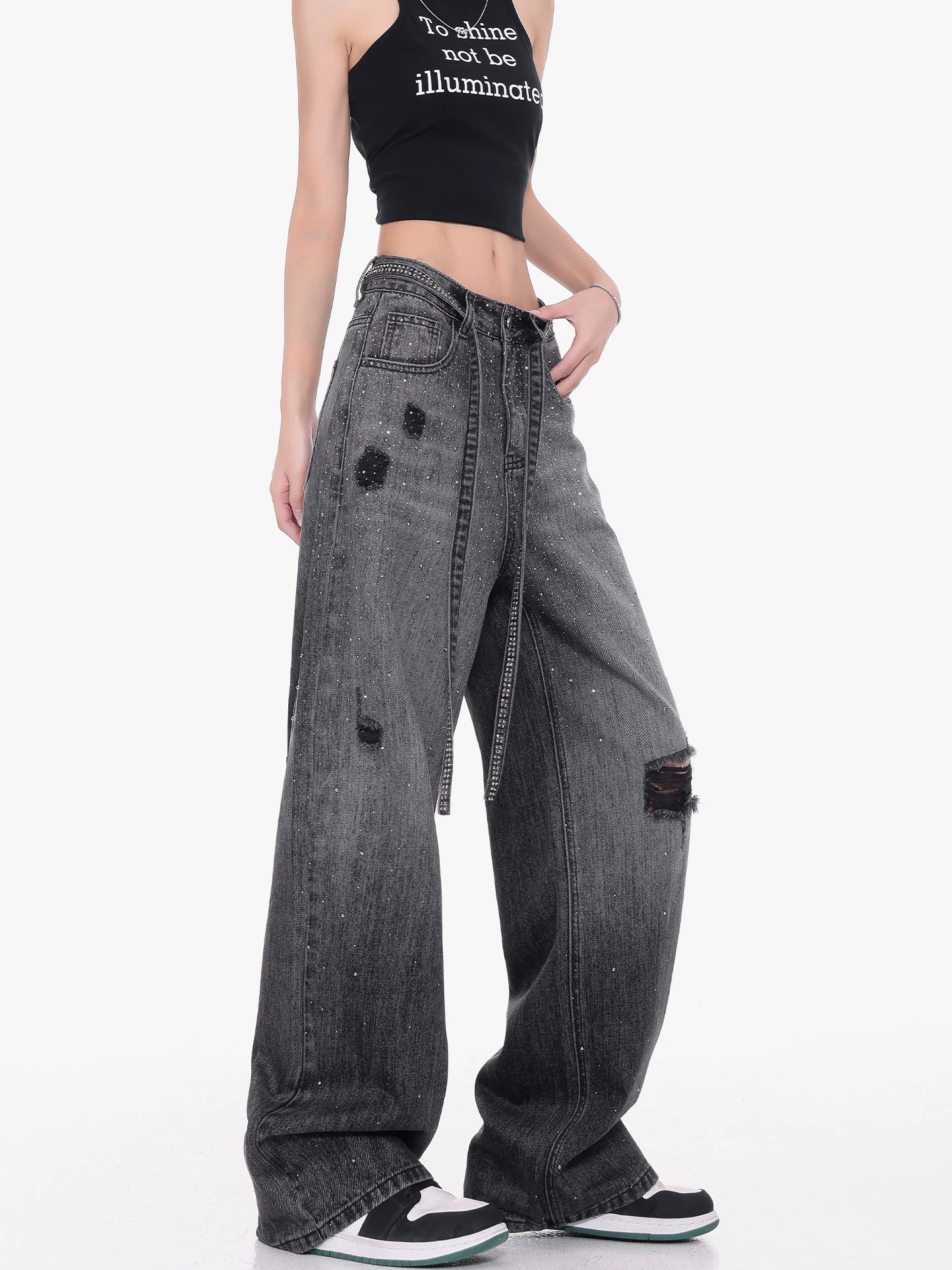 KEN STUDIO Quần jean rách đính đá cao cấp của Mỹ dành cho nữ, quần dài ống rộng lưng cao mùa hè mới