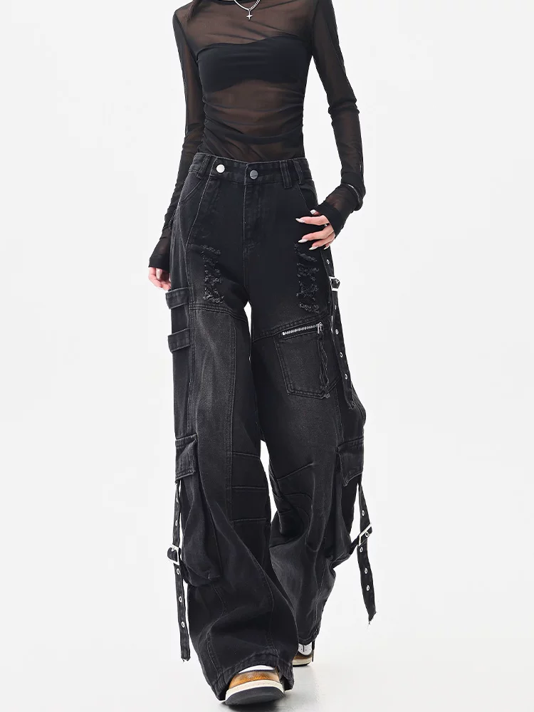 KEN STUDIO Quần jean công sở rách kiểu Mỹ, thiết kế hợp thời trang, quần ống rộng dáng rộng dành cho nữ