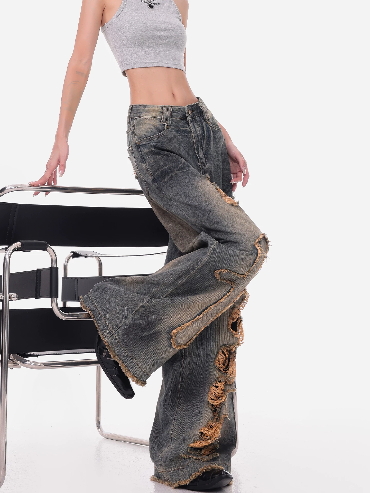 Quần jean rách kiểu cổ điển KEN STUDIO dành cho nữ, thiết kế mùa hè mới, quần ống rộng dáng rộng