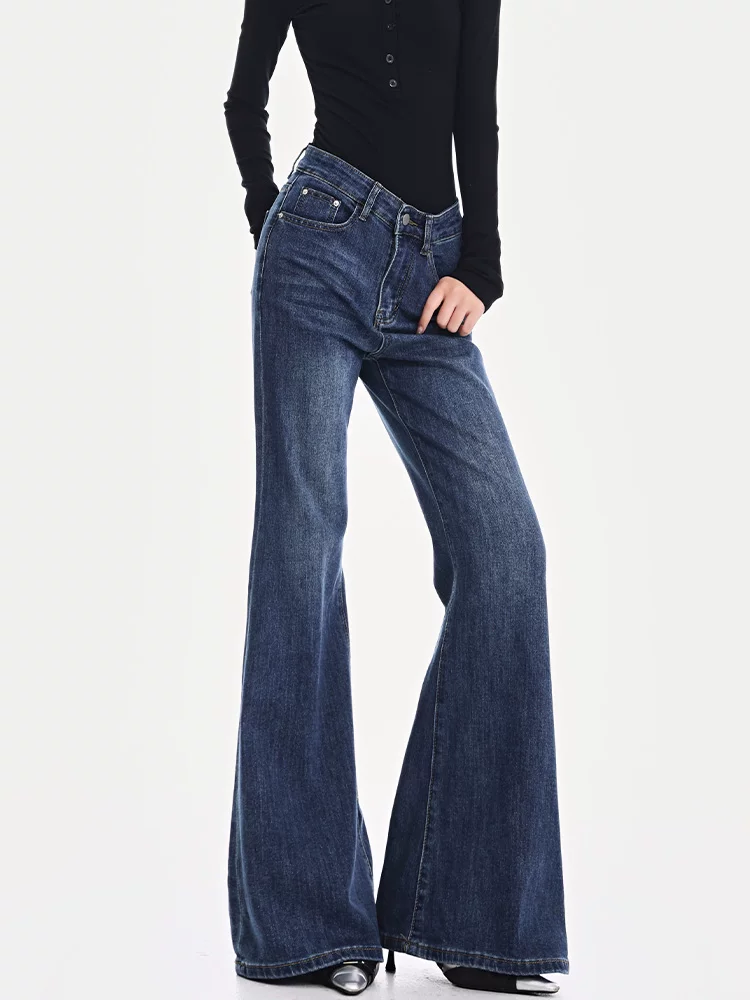 KEN STUDIO quần jean ống loe màu xanh cổ điển mới mùa thu đông dành cho nữ, quần ống loe co giãn lưng cao giảm béo cho cô gái nóng bỏng