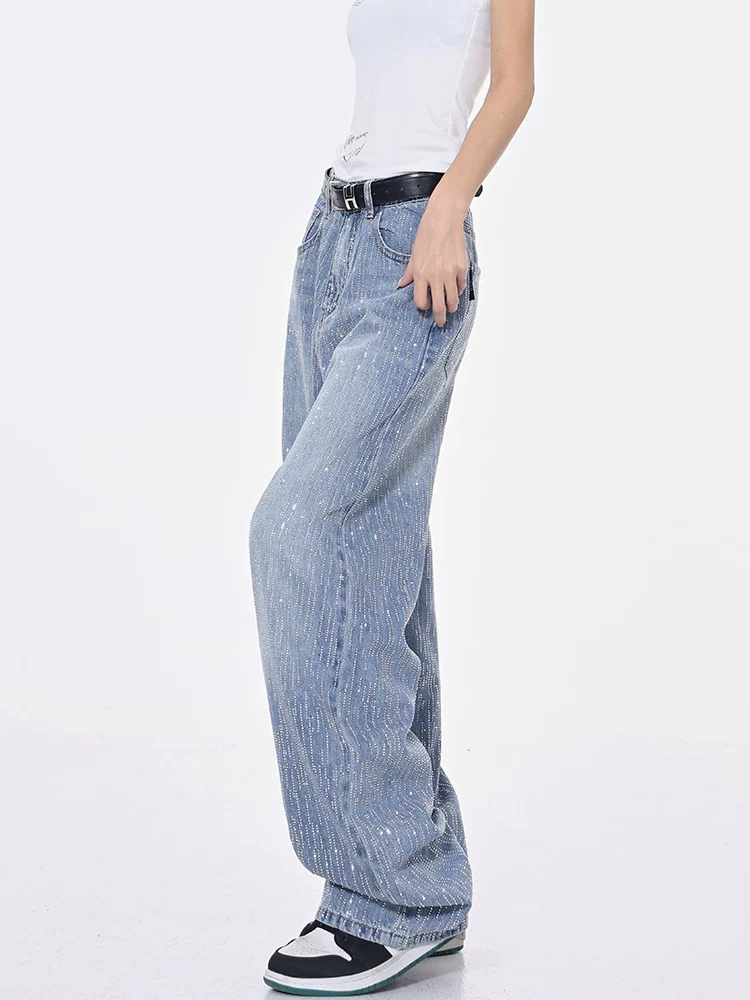 Quần denim ống đứng màu xanh lam lấp lánh đính đá thủ công mùa hè của KEN STUDIO dành cho nữ