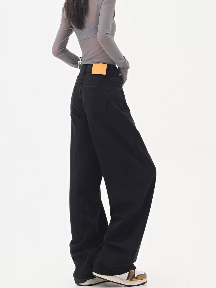 KEN STUDIO Quần jean ống đứng màu đen phong cách Mỹ dành cho nữ, quần ống rộng dáng rộng mới mùa thu đông.