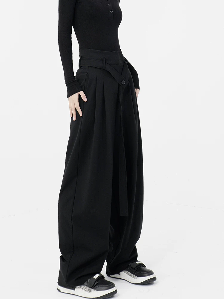 KEN STUDIO Xuân Thu Quần đen cạp cao dáng thẳng có tác dụng làm thon gọn dáng người Quần dài đến sàn Quần tây nữ