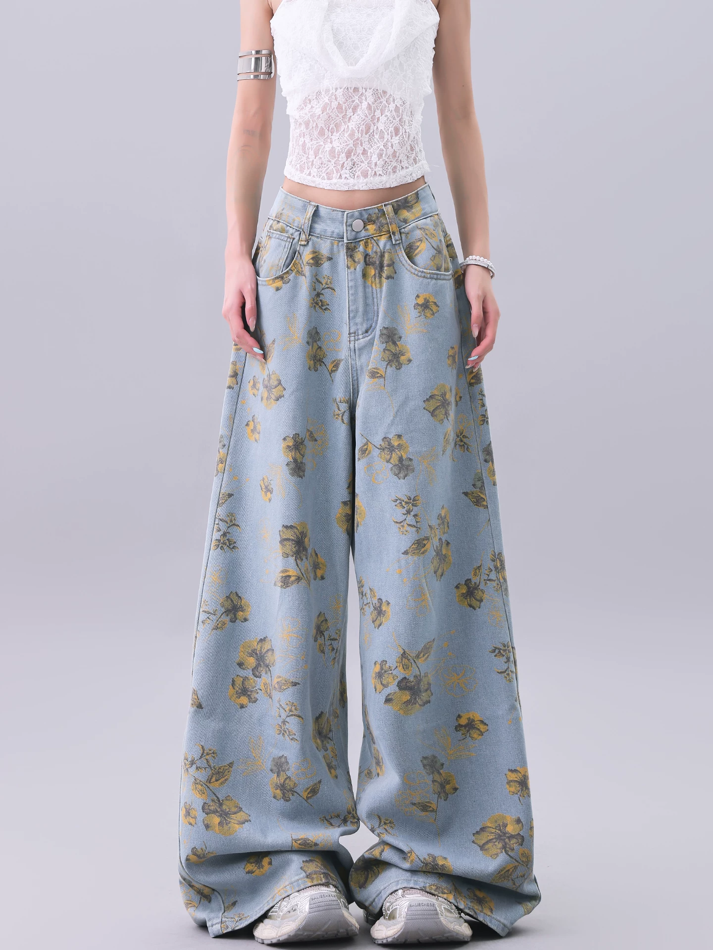 Quần jean ống rộng thiết kế in họa tiết cổ điển của KEN STUDIO dành cho nữ, phong cách mùa hè mới, quần dài dáng rộng và xếp nếp