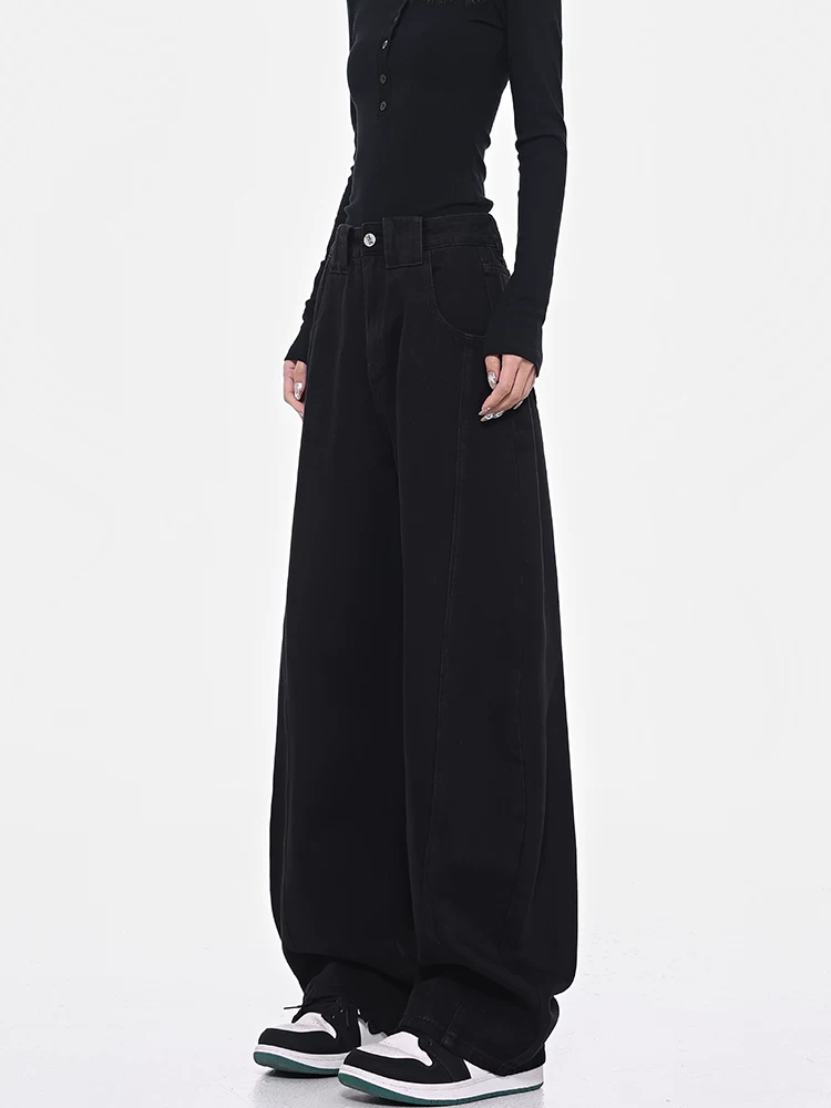 KEN STUDIO Quần kiểu retro Mỹ màu đen kiểu sickle quần chuối quần jeans nữ dáng rộng ống rộng kiểu scimitar