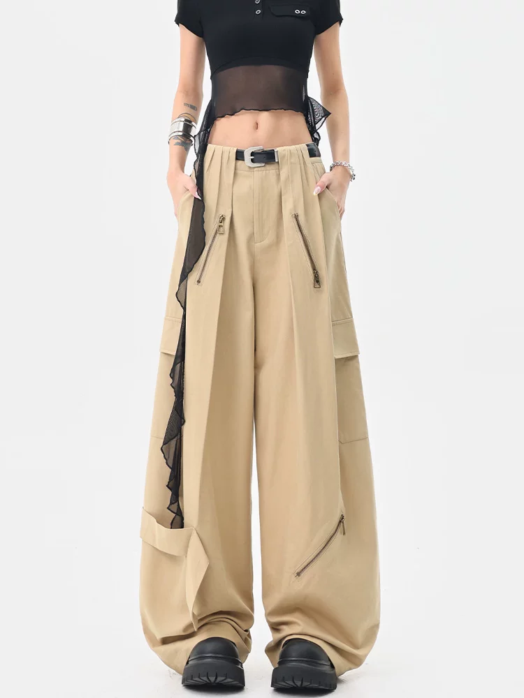 Quần kaki nhiều túi phong cách retro của KEN STUDIO dành cho nữ, phong cách mùa hè mới, quần ống rộng dáng rộng.