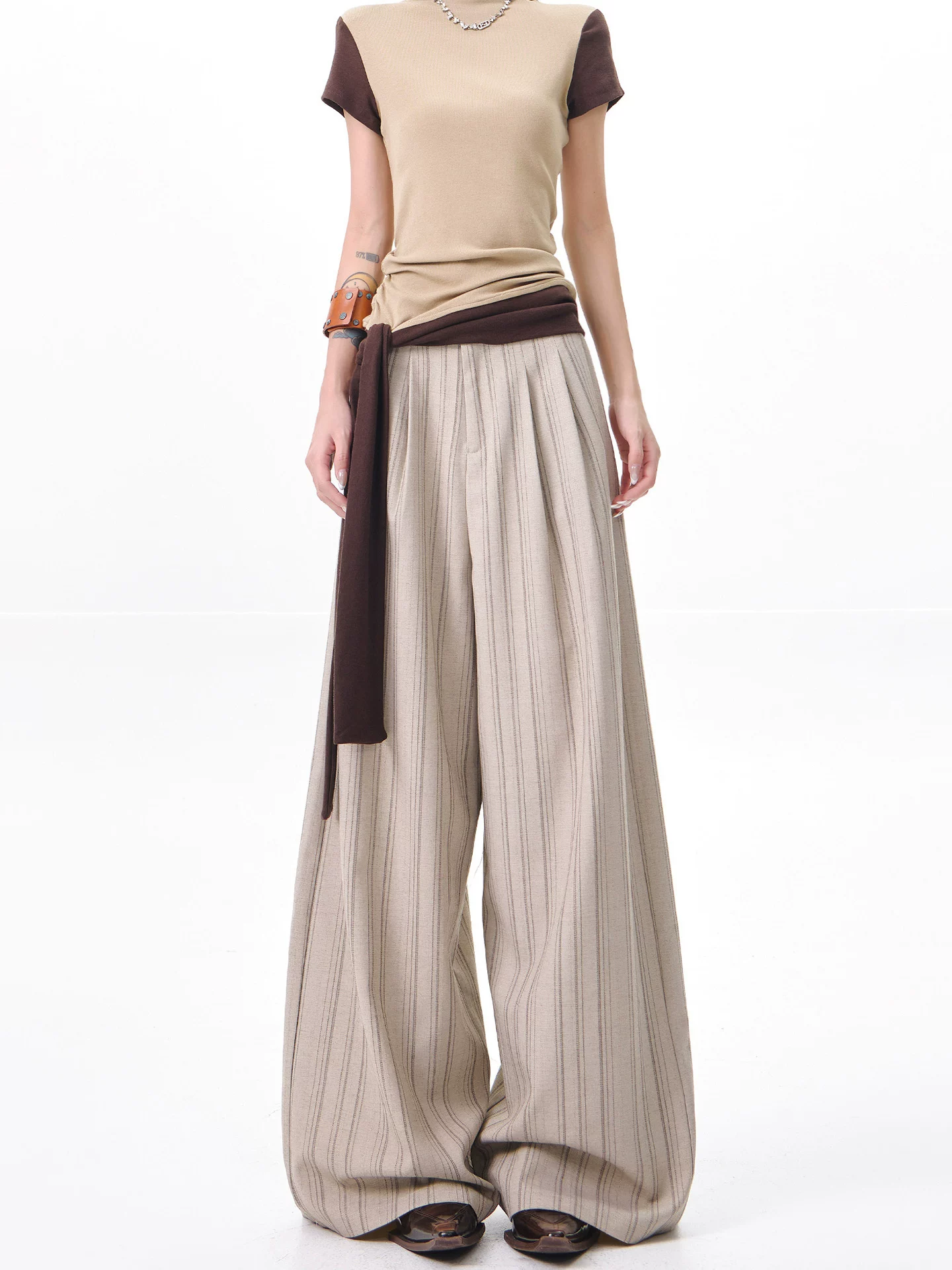 KEN STUDIO Xuân Thu Màu Mới Quần Sọc Phù Hợp Với Nữ Cao Cấp Rời Drap Giảm Béo Quần Ống Rộng