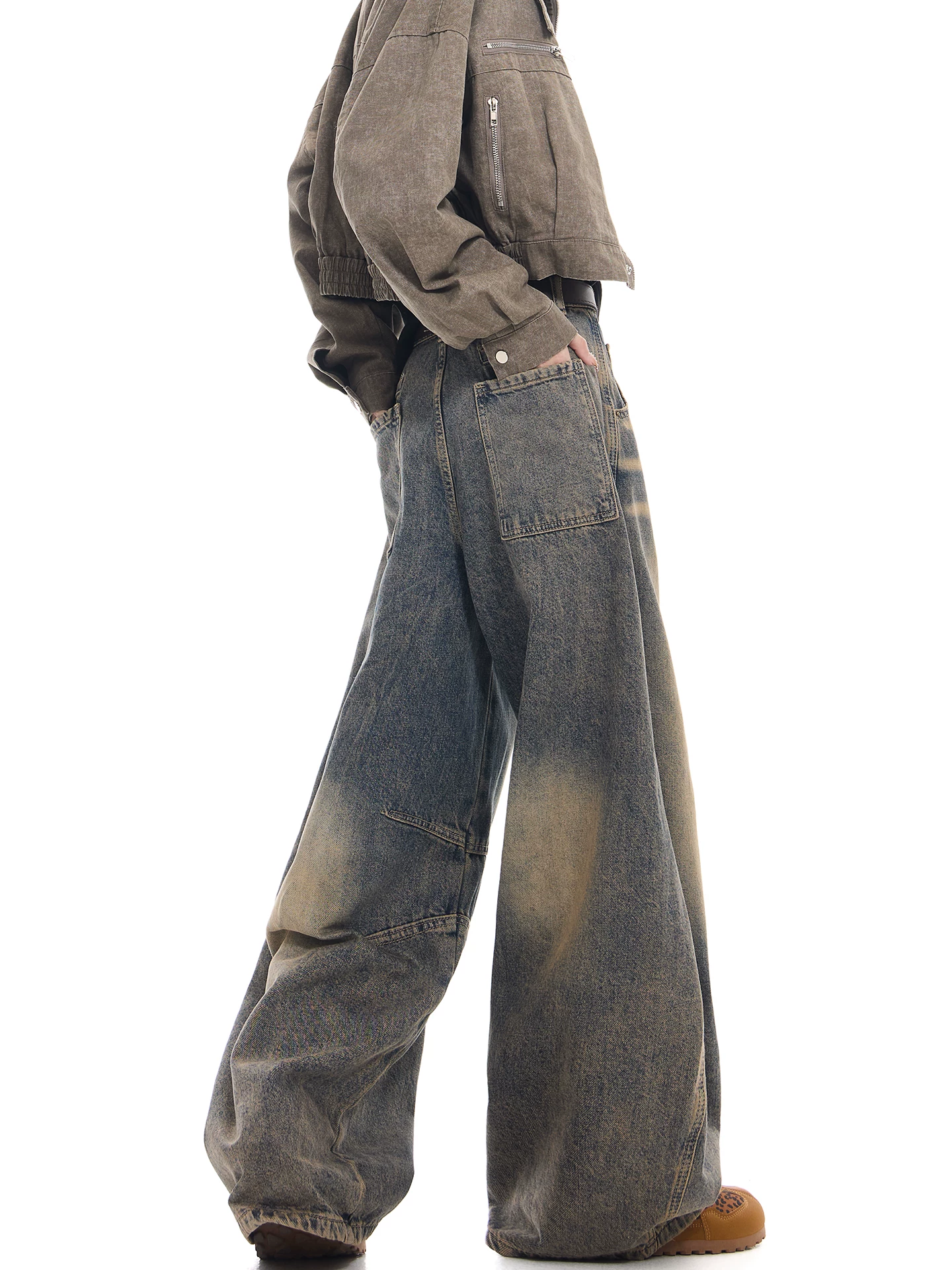 KEN STUDIO Xuân Thu Mới Vintage Giặt Xước Quần Jeans Nữ Cao Cấp Rộng Ống Quần Scimitar