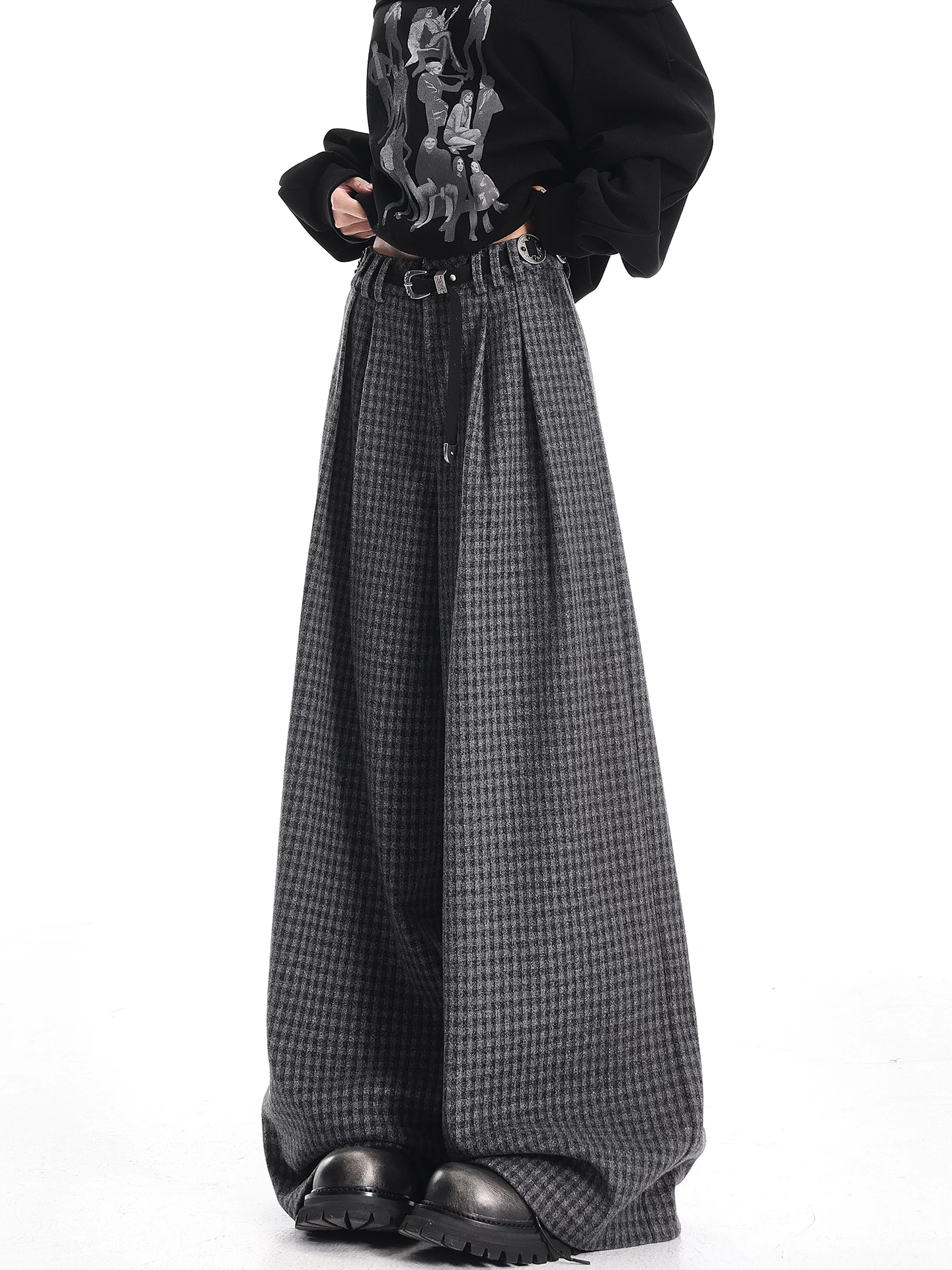 KEN STUDIO quần âu kẻ sọc dày mới mùa thu đông dành cho nữ, quần ống rộng lưng cao, dáng rộng, dáng rộng.