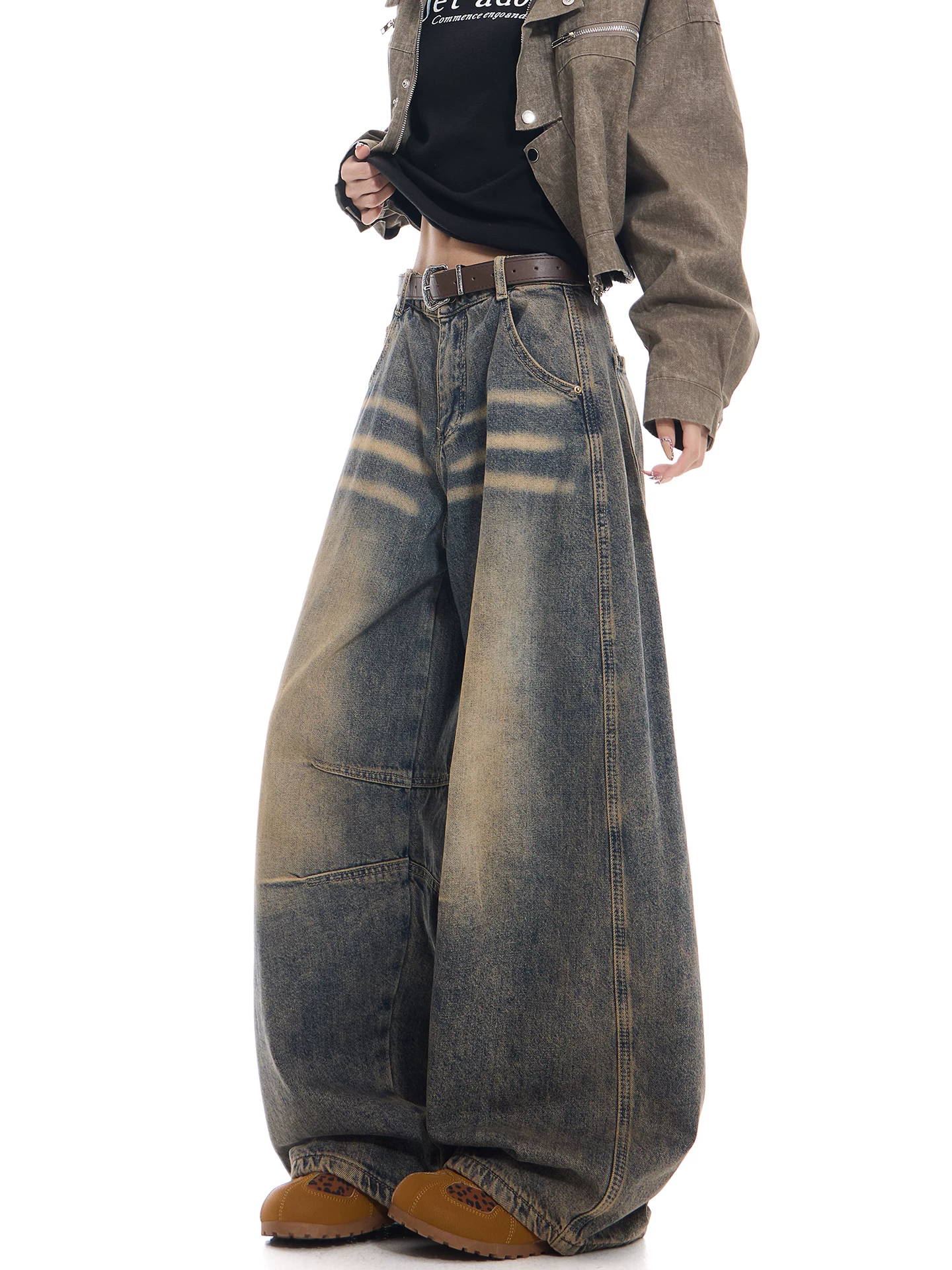 KEN STUDIO Xuân Thu Mới Vintage Giặt Xước Quần Jeans Nữ Cao Cấp Rộng Ống Quần Scimitar