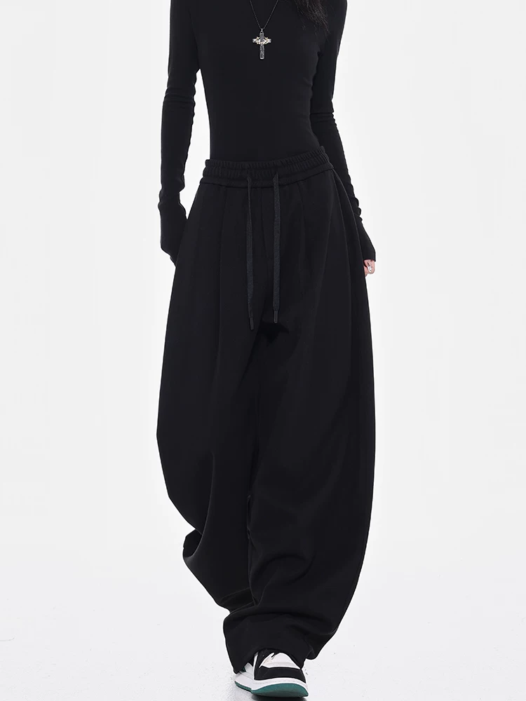 KEN STUDIO quần thể thao ống đứng màu đen dày dặn có dây rút ở eo co giãn dành cho nữ, quần thường ngày rộng rãi và mềm mại