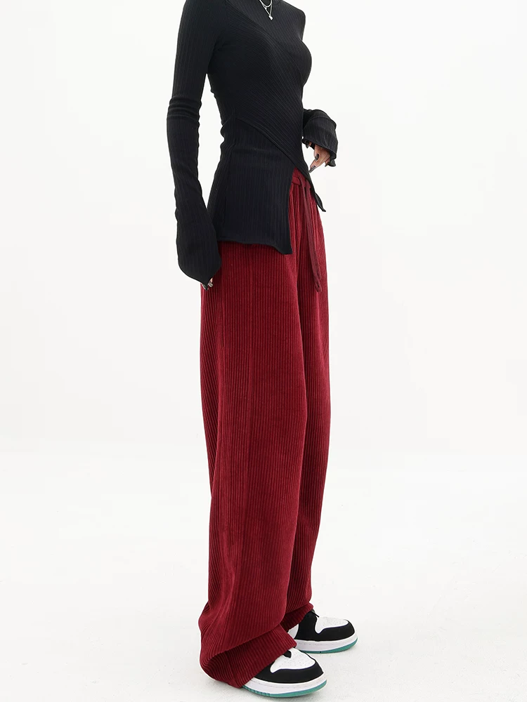 Quần dài ống rộng bằng vải nhung KEN STUDIO dành cho nữ, quần thể thao dáng rộng có dây rút dáng rộng mùa thu đông.