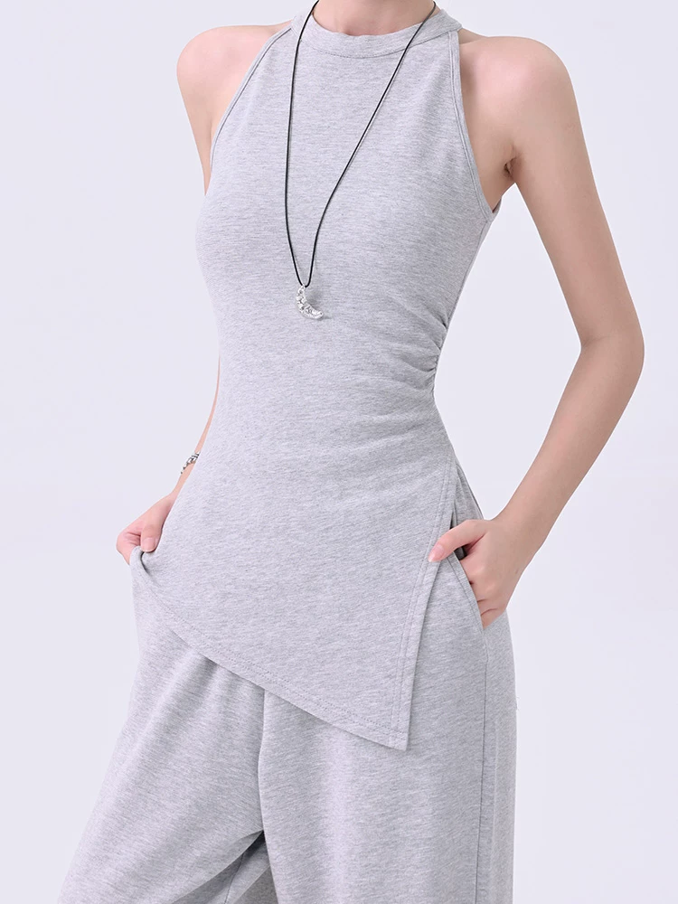 KEN STUDIO Bộ vest màu xám thanh lịch phong cách Hàn Quốc dành cho nữ, áo ba lỗ ôm sát, quần ống rộng dáng rộng, quần thể thao