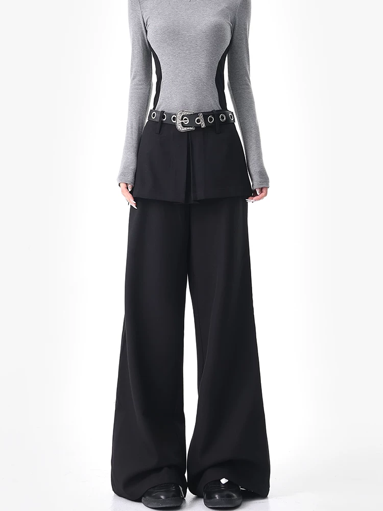 KEN STUDIO Quần dài giả hai mảnh màu đen mùa thu mới dành cho nữ, quần dáng rộng và đa năng, quần dài đến sàn