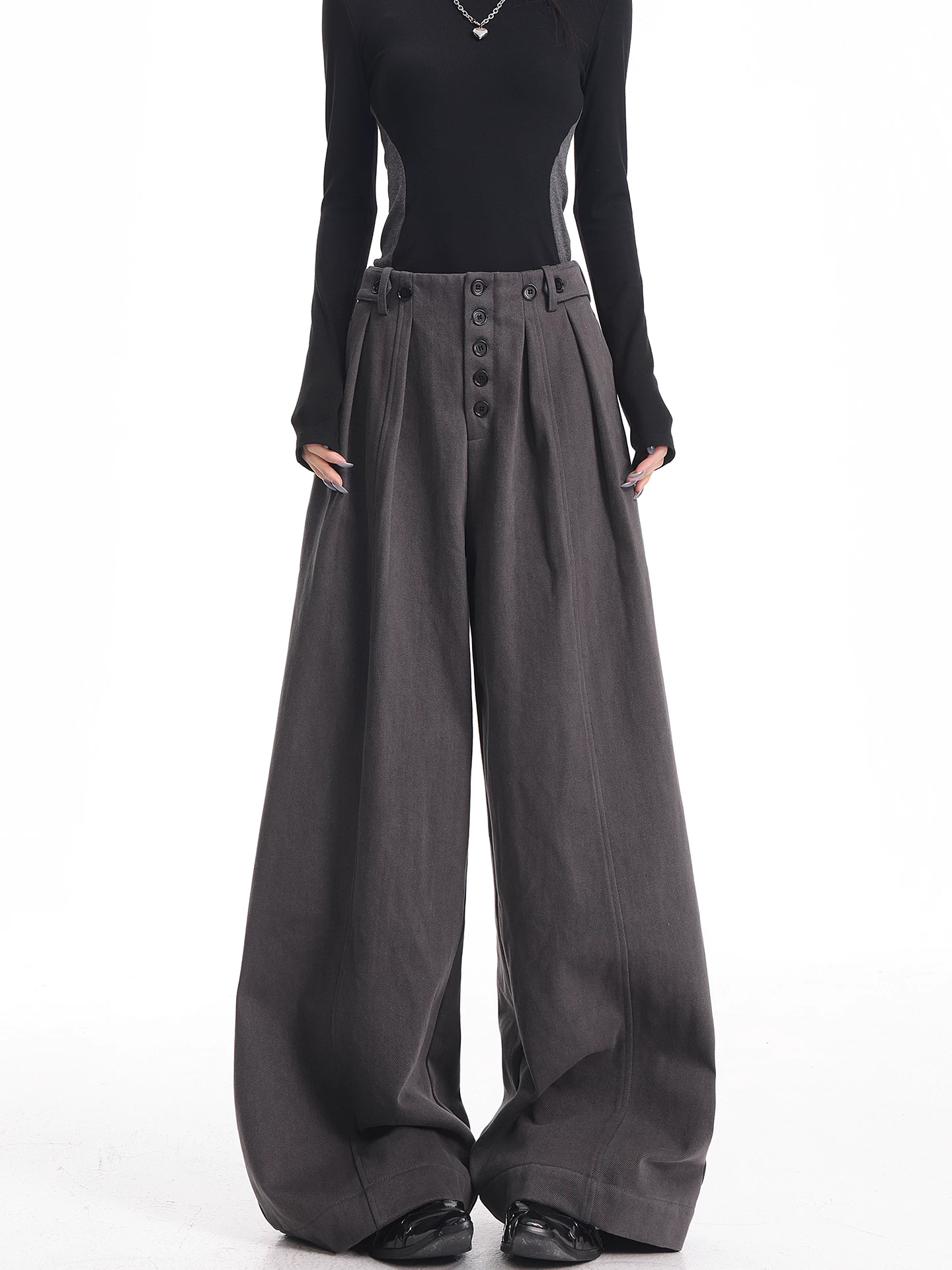 KEN STUDIO Quần ống rộng màu xám mùa thu đông mới dành cho nữ, lót lông cừu và dày dặn với thiết kế cài nút, quần dài đến sàn.