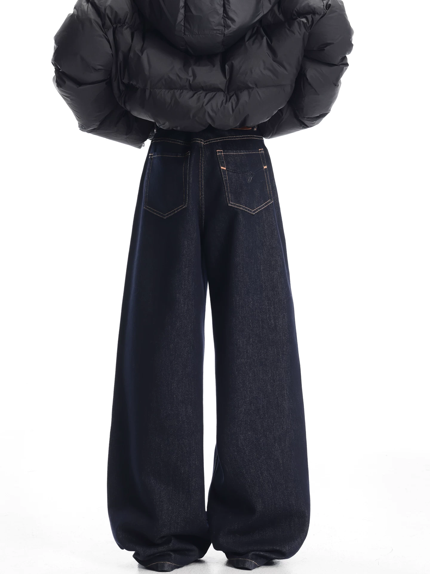 KEN STUDIO quần jean ống rộng màu xanh đậm có lót lông cừu mùa thu đông dành cho nữ quần dài ống rộng lưng cao dáng rộng