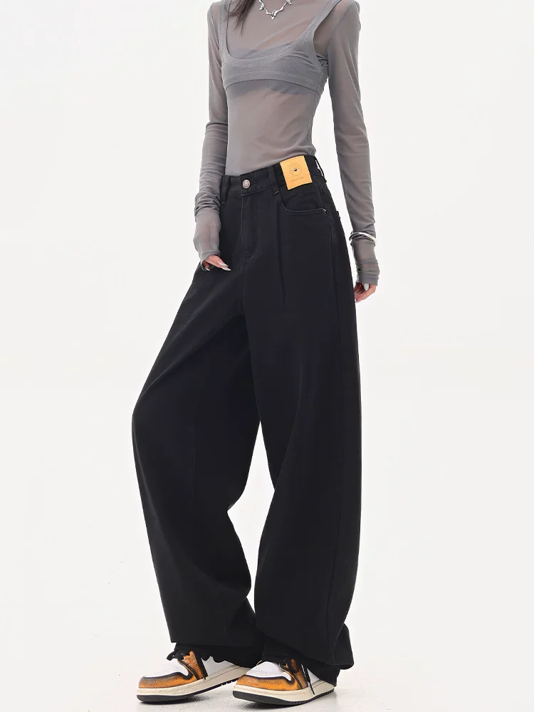 KEN STUDIO Quần jean ống đứng màu đen phong cách Mỹ dành cho nữ, quần ống rộng dáng rộng mới mùa thu đông.