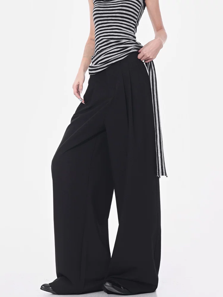 KEN STUDIO mùa hè mới quần tây ống rộng màu đen mỏng dành cho nữ quần tây xếp ly cạp cao quần dài xếp ly dài đến sàn