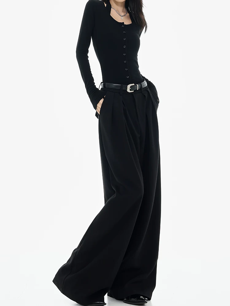 KEN STUDIO Xuân Thu Quần tây ống rộng màu đen mới dành cho nữ, thiết kế cao cấp, xếp nếp, dáng rộng, giảm béo, quần dài ngang sàn