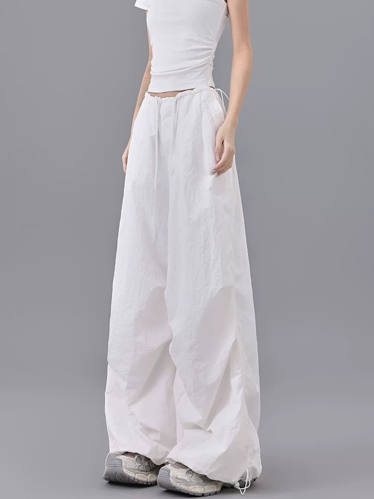 KEN STUDIO quần dài xếp ly dây rút phong cách đường phố mùa hè của Mỹ dành cho nữ, quần jogger ống rộng thoáng khí lưng cao dành cho nữ