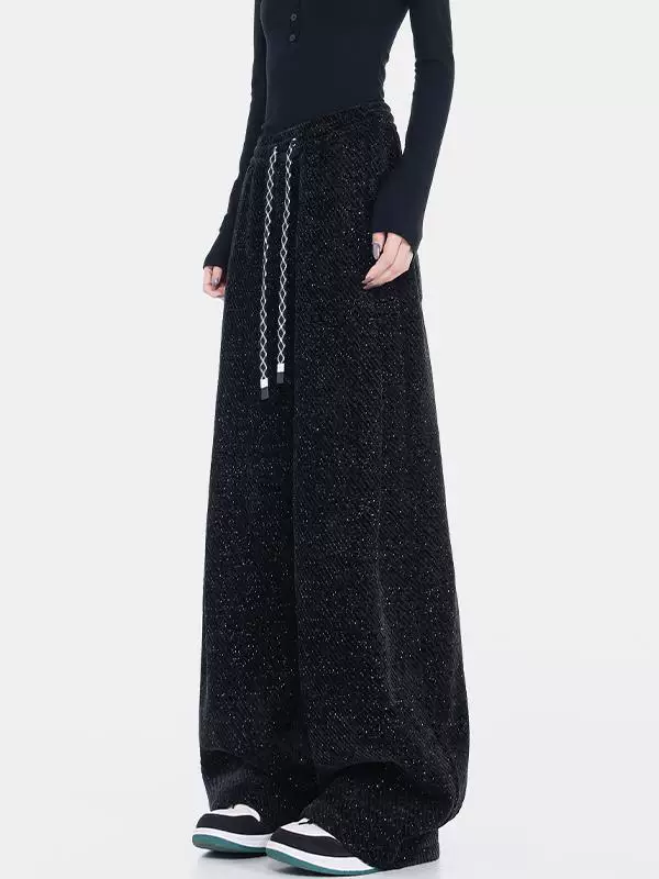 KEN STUDIO quần dài có dây rút lót lông cừu mùa thu đông màu đen dành cho nữ, quần ống rộng dáng rộng giảm béo