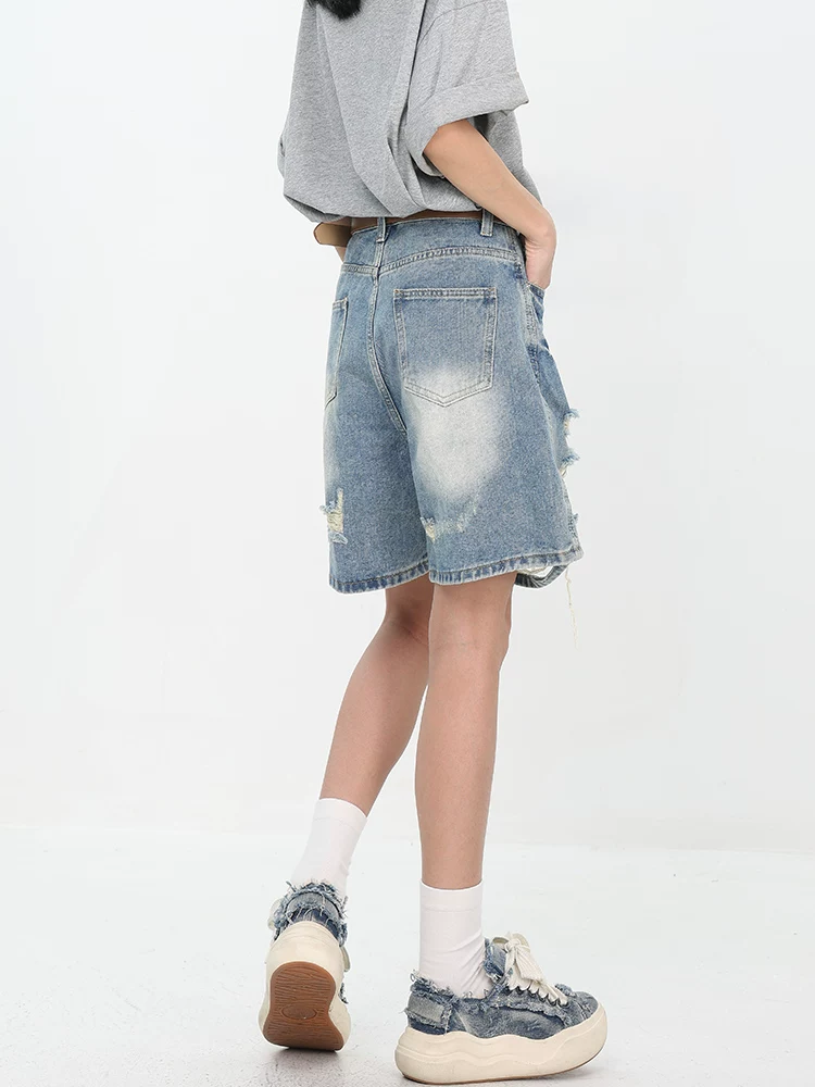 KEN STUDIO phong cách mới mùa hè của cô gái nóng bỏng kiểu Mỹ quần short denim rách theo phong cách retro quần ống rộng dáng rộng