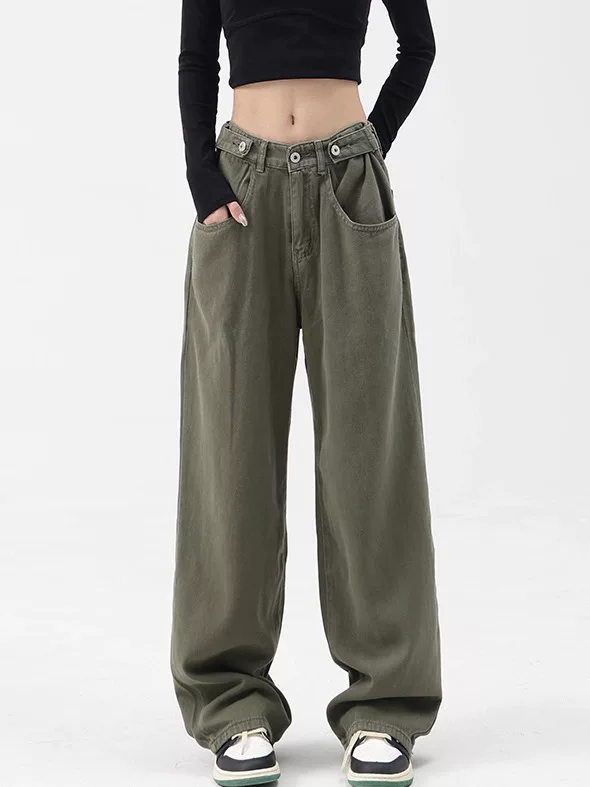KEN STUDIO Quần jean ống đứng lưng cao màu xanh lá cây mùa xuân và mùa thu dành cho nữ, quần ống rộng lưng cao và lưng thấp có thể điều chỉnh.