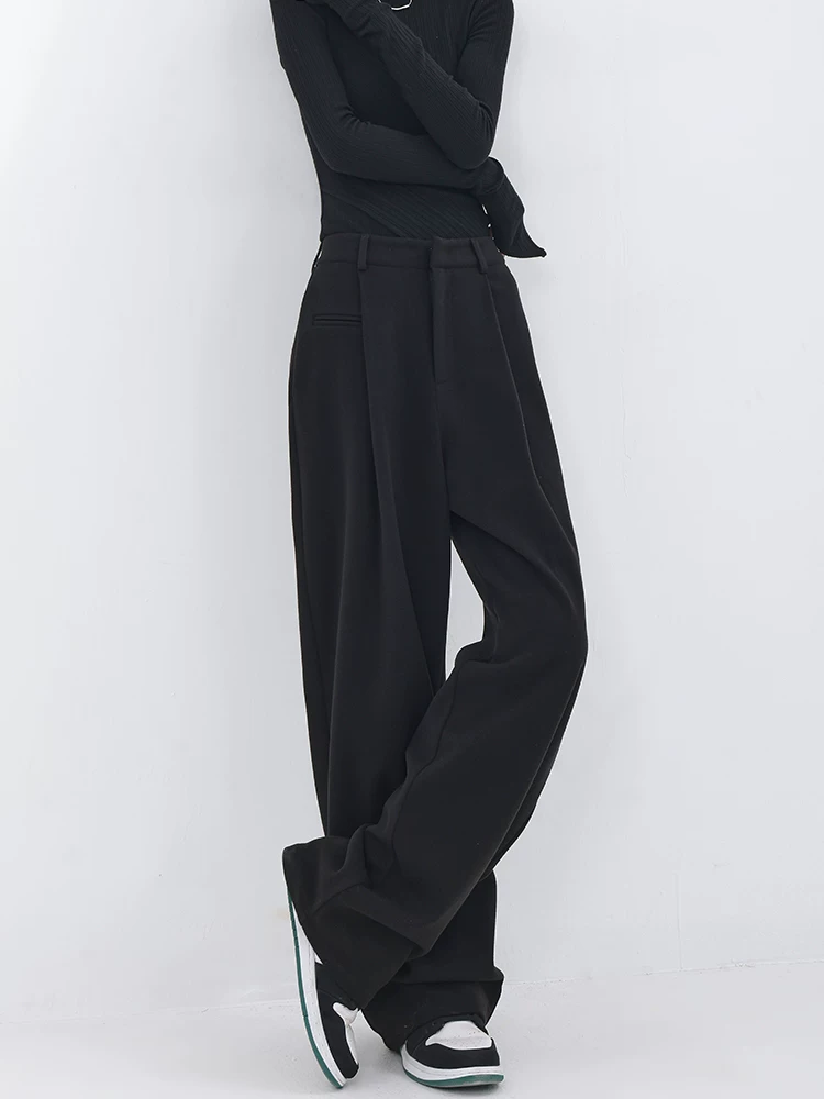 KEN STUDIO quần dài thẳng dày dặn bằng len mùa thu đông nguyên bản dành cho nữ, quần ống rộng dáng rộng giảm béo