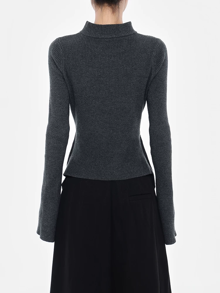 KEN STUDIO thiết kế cao cấp áo dệt kim cổ cao nửa cổ bất đối xứng dành cho nữ, áo dáng ôm vừa vặn mới mùa thu đông