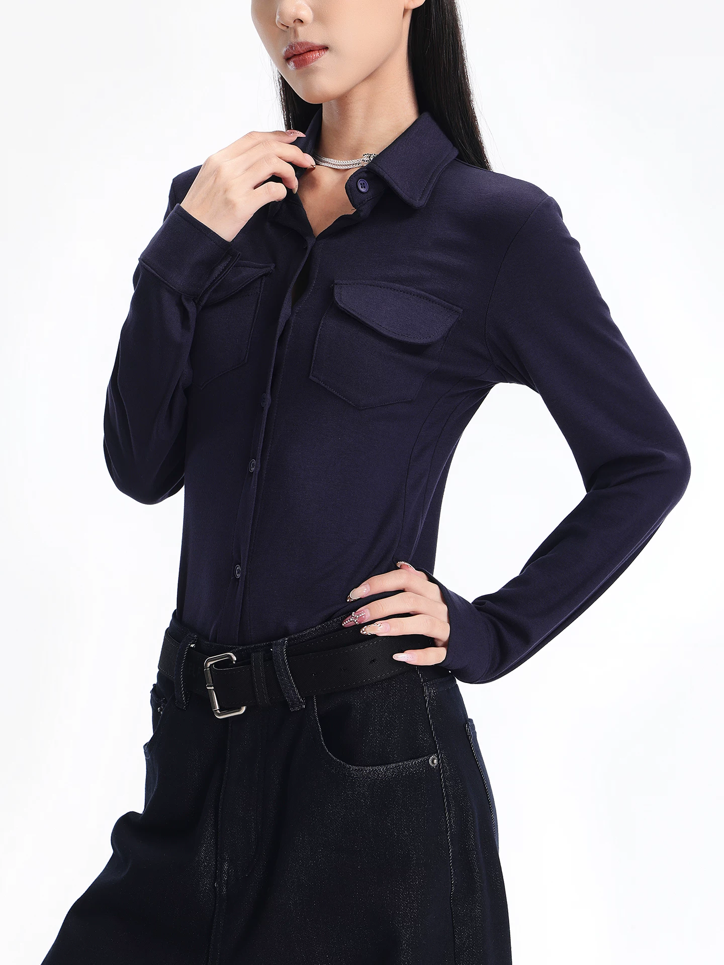 KEN STUDIO Áo sơ mi dài tay có cổ màu xanh hải quân phong cách mới mùa xuân thu dành cho nữ, vai thường, dáng rộng, giảm béo, áo thun đa năng