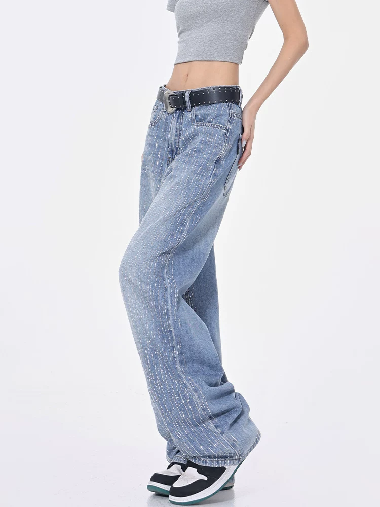 KEN STUDIO thiết kế đá nóng quần jean denim lấp lánh dành cho nữ, quần ống rộng dáng thẳng giảm béo mùa hè mới