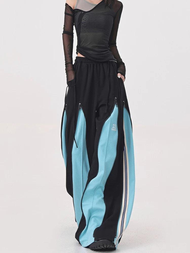 KEN STUDIO quần thể thao chắp vá màu xanh cổ điển dành cho nữ quần dài ống rộng khiêu vũ đường phố nhạc jazz