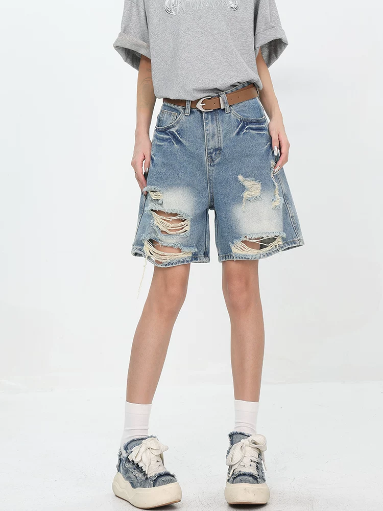 KEN STUDIO phong cách mới mùa hè của cô gái nóng bỏng kiểu Mỹ quần short denim rách theo phong cách retro quần ống rộng dáng rộng