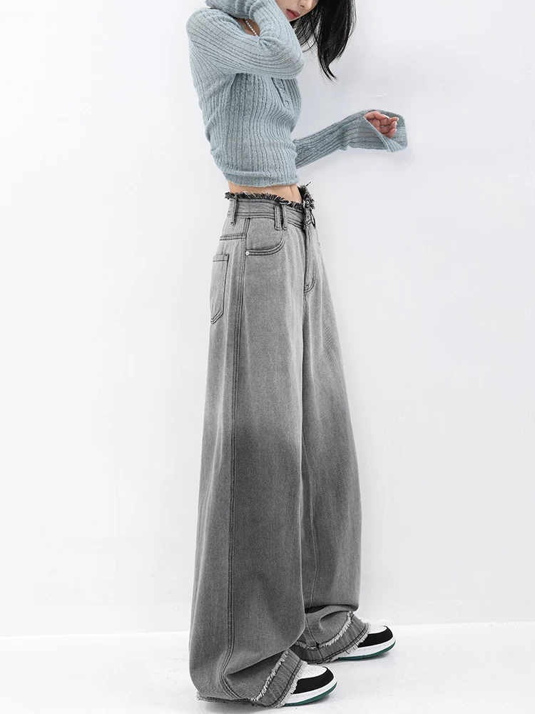 KEN STUDIO Xuân Thu Quần Jeans Cổ Điển Mới Phong Cách Vintage Cho Nữ Thiết Kế Giảm Béo Quần Ống Rộng