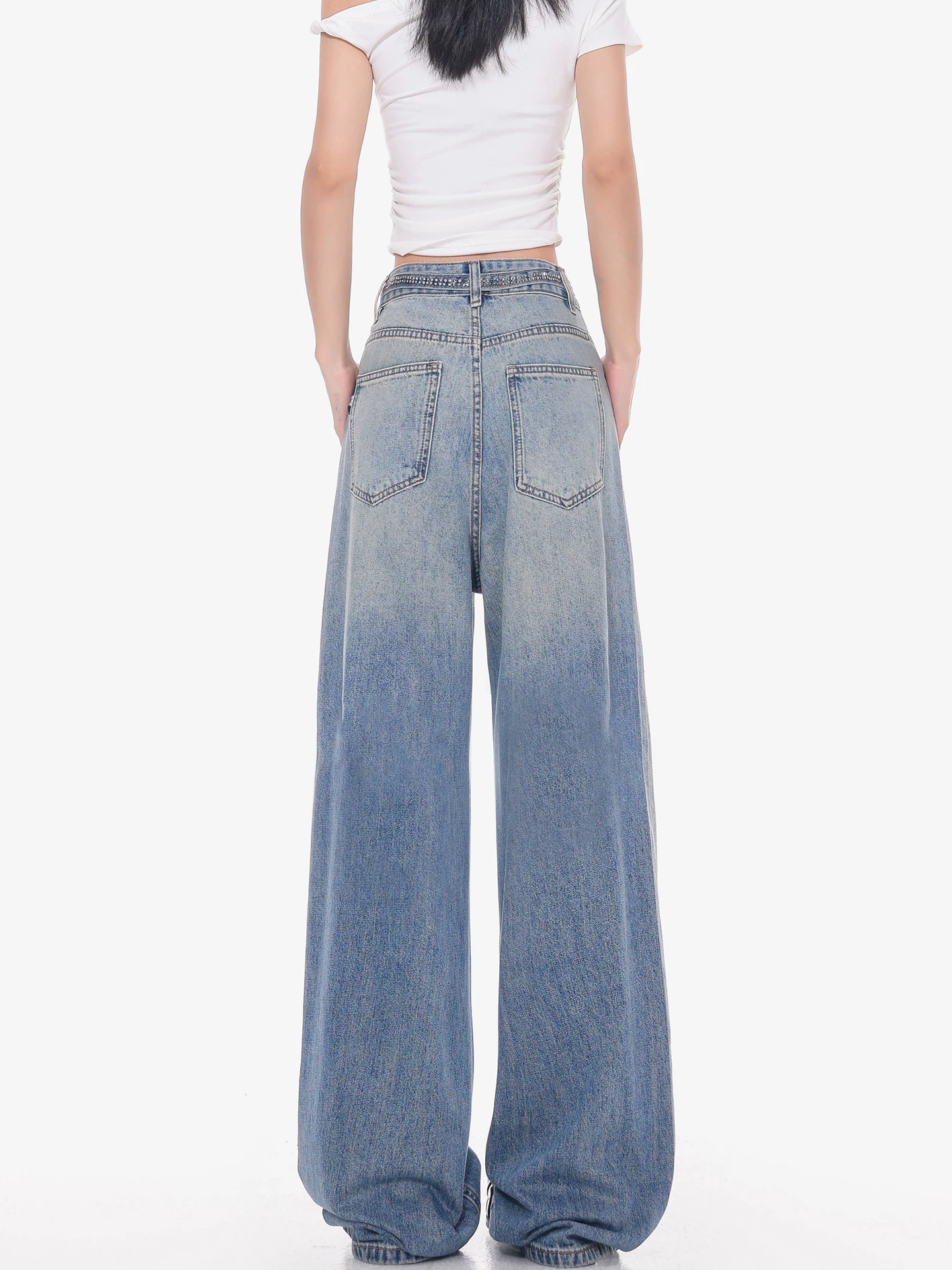 Quần jean rách đính đá Galaxy của KEN STUDIO dành cho nữ, Quần dài ống rộng đính đá hình ngôi sao mùa hè