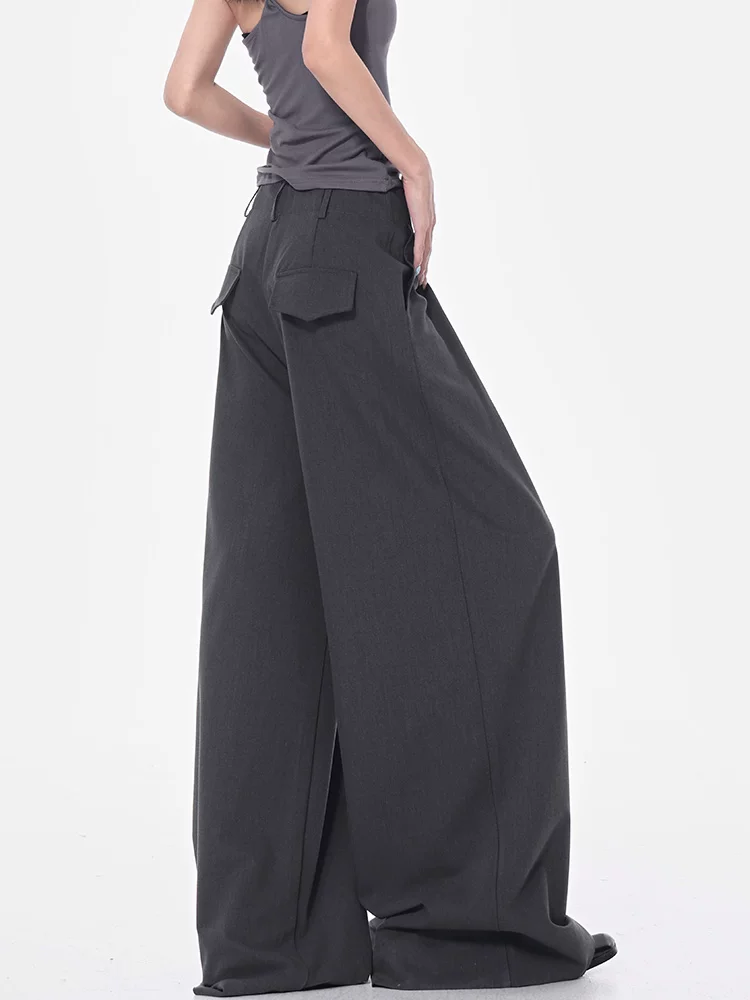 KEN STUDIO mùa hè phong cách mới quần tây xếp ly mỏng màu xám dành cho nữ quần tây xếp ly lưng cao dáng rộng quần ống rộng