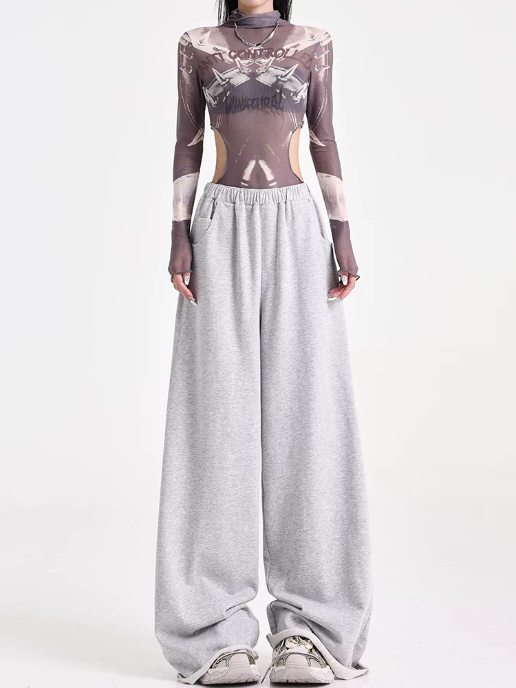 KEN STUDIO Quần ống rộng thẳng màu xám phong cách đường phố mới của Mỹ dành cho phụ nữ cao, quần thể thao rộng thùng thình cực dài