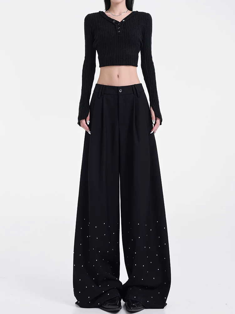 KEN STUDIO nguyên bản mùa hè và mùa thu mới thiết kế đính đá màu đen phù hợp với quần đa năng quần ống rộng dáng rộng giảm béo