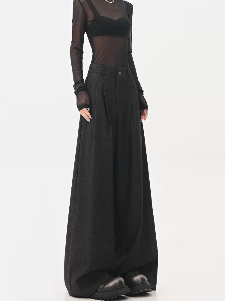 KEN STUDIO quần tây ống rộng màu đen mới mùa hè dành cho nữ, lưng quần bán co giãn, quần ống rộng dài đến sàn, quần tây.