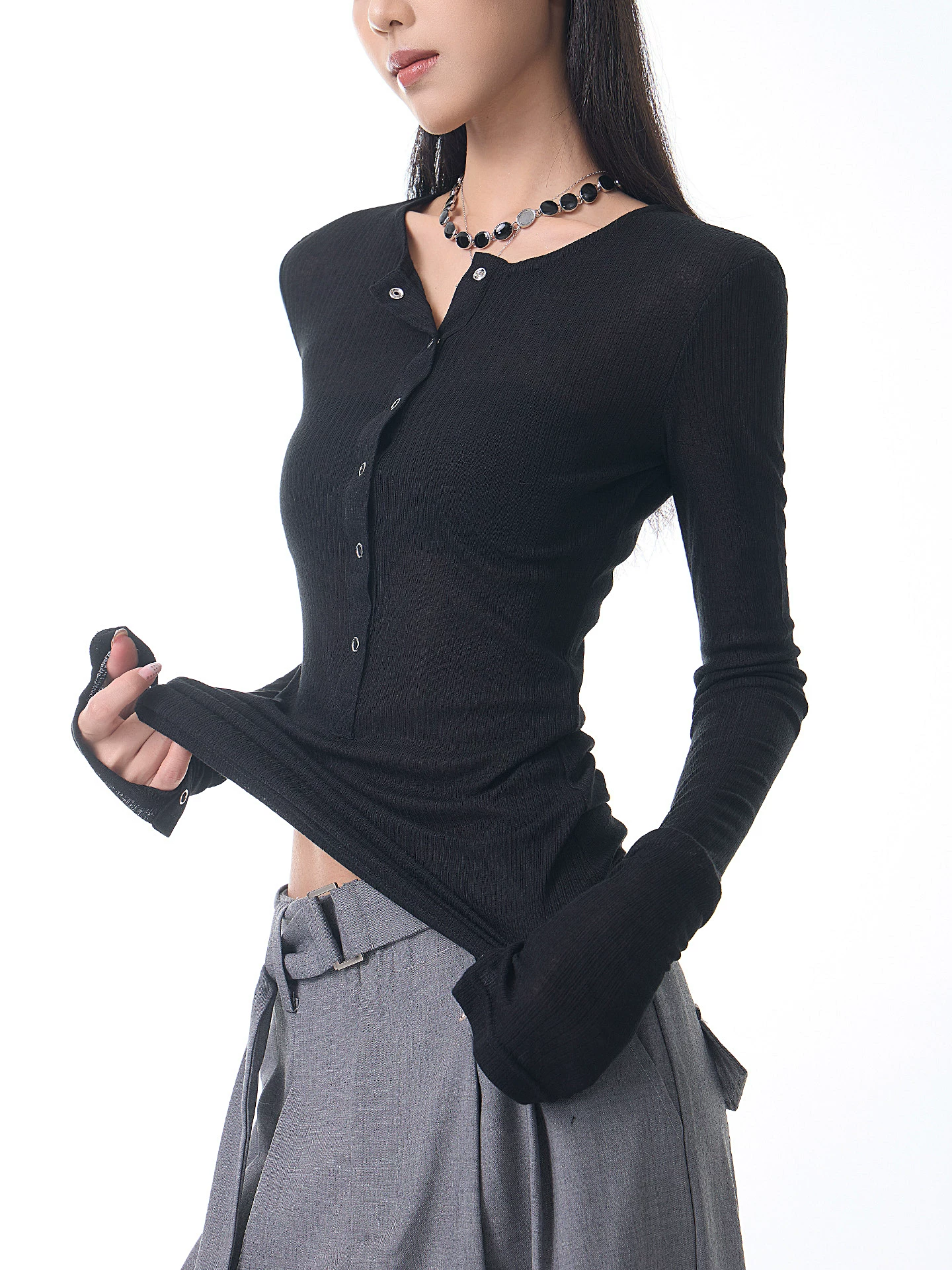 KEN STUDIO Áo thun dài tay dệt kim mới đầu thu dành cho nữ, dáng ôm, áo thun dáng ôm, áo lót, áo lót bên trong hợp thời trang.