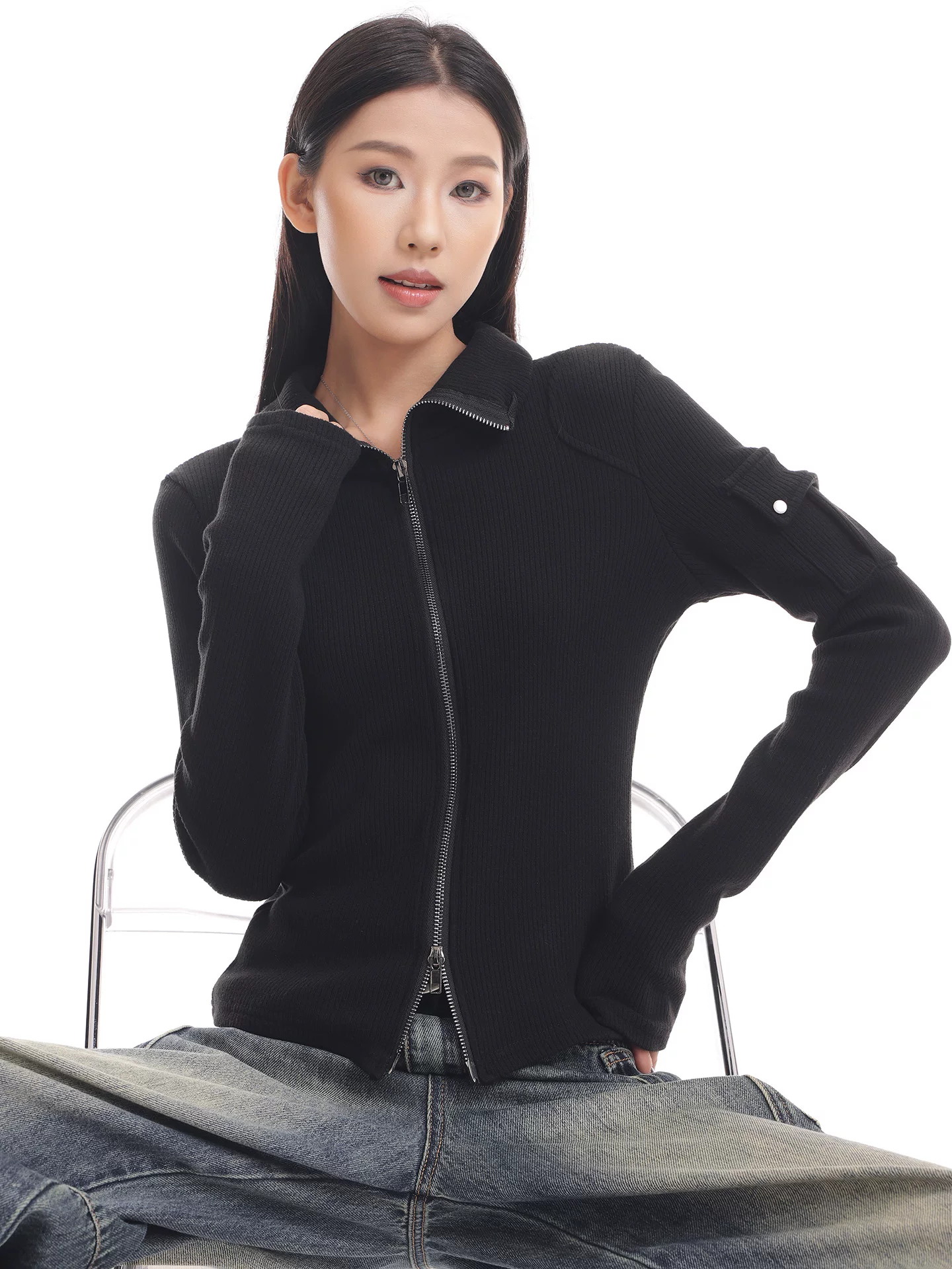 KEN STUDIO mới mùa thu đông màu đen dệt kim nữ có khóa kéo đôi có ve áo dáng ôm vừa vặn áo cardigan dài tay