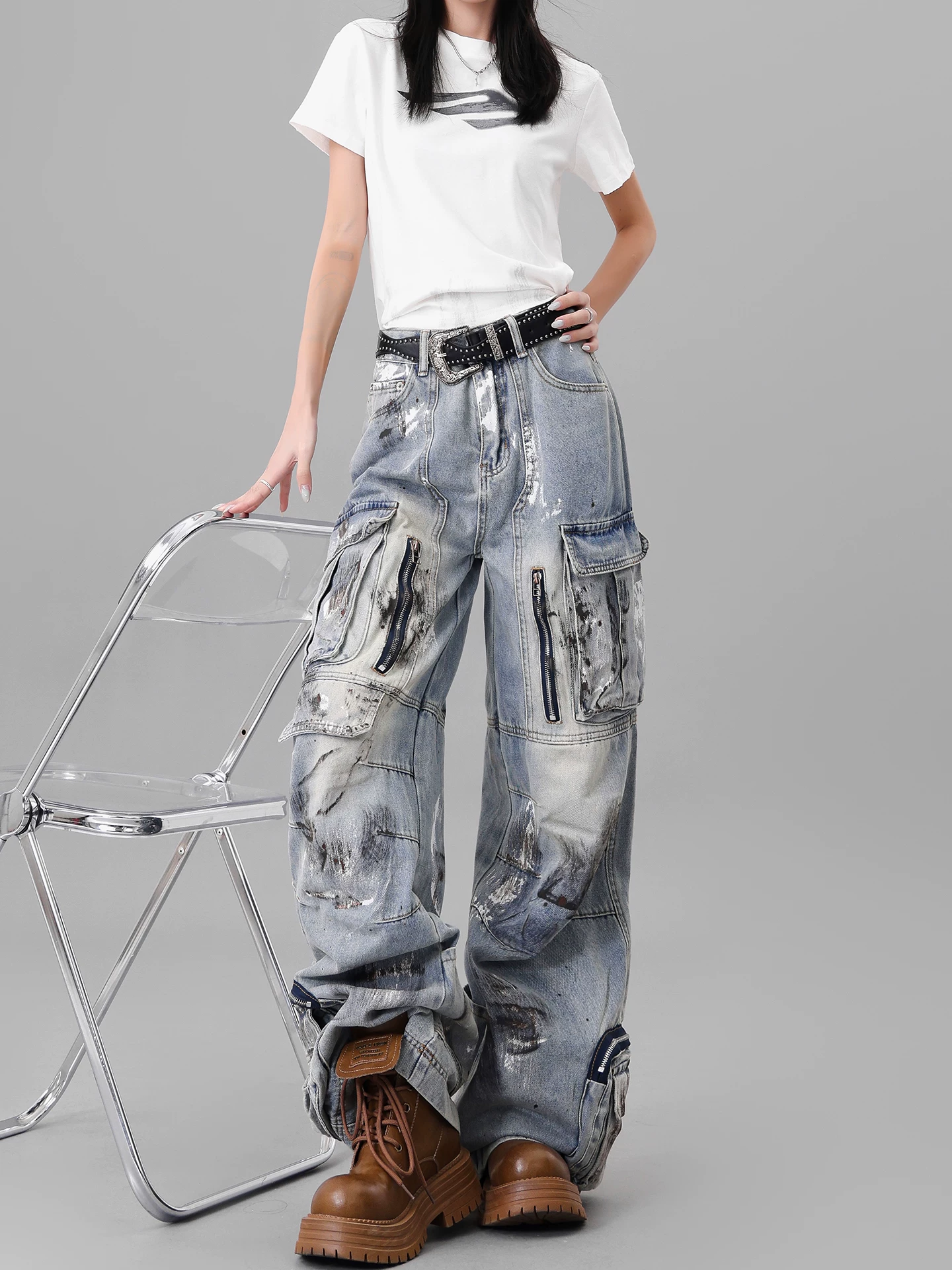 Quần jean công sở thiết kế nhiều túi sơn kiểu cổ điển của KEN STUDIO dành cho nữ, quần ống rộng lưng cao mùa hè