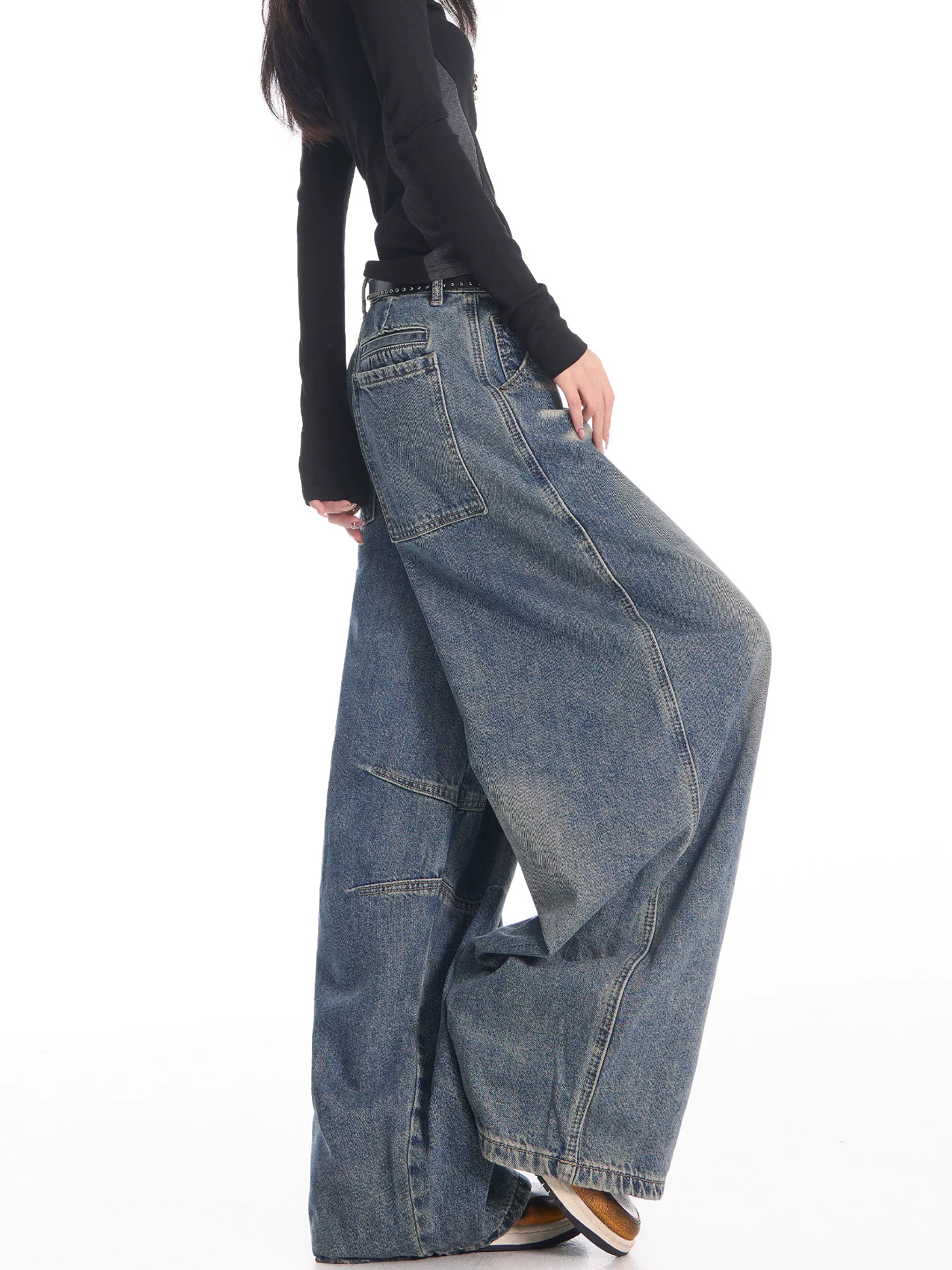 KEN STUDIO Xuân Thu Mới Phong Cách Đường Phố Mỹ Quần Jean Vintage Nữ Cao Cấp Quần Ống Rộng Quần Ống Rộng Quần Scimitar