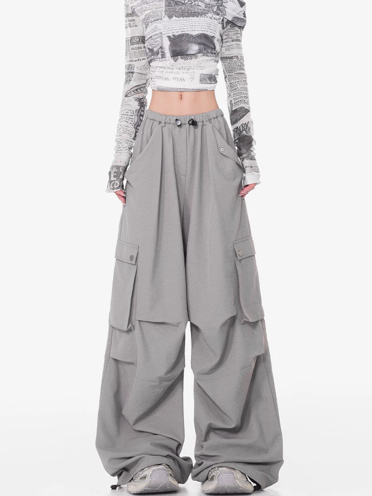 Quần cargo ống rộng màu xám KEN STUDIO dành cho nữ, quần ống đứng mỏng mùa hè, quần thể thao nhanh khô, quần lính dù